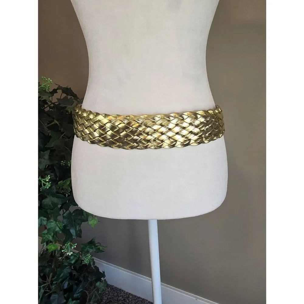 Gold Belt Wide Woven Faux Leather Sz M